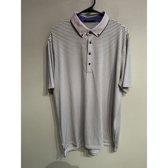 Greyson Mens XL Pink Green Striped Button Polo Shirt Performance Stretch Golf - Picture 1 of 8